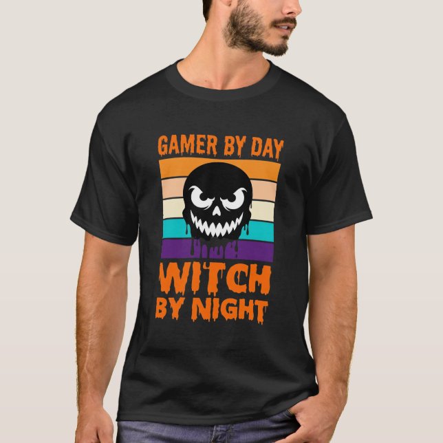 T-shirt Sorcière Joueuse Halloween Crâne Rétro (Devant)