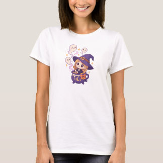 T-shirt Sorcière Kawaii d'Halloween avec des fantômes