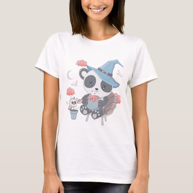 T-shirt Sorcière Panda mignonne entourée de nuages Hallowe (Devant)