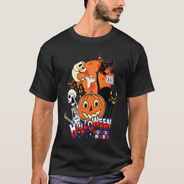 T-shirt Sorcière Rétro Fantôme Citrouille Chat Noir Squele (Devant)