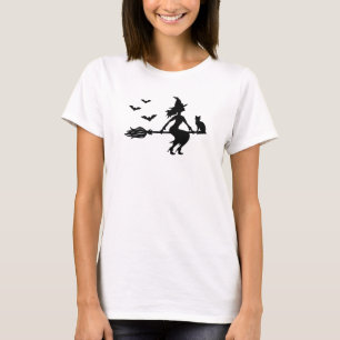 T-shirt Sorcière sur un balai avec chat et chauves-souris 