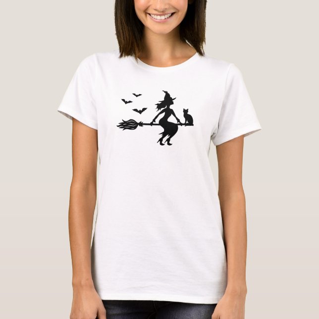 T-shirt Sorcière Sur Un Broomstick Avec Chat Et Chats Hall (Devant)