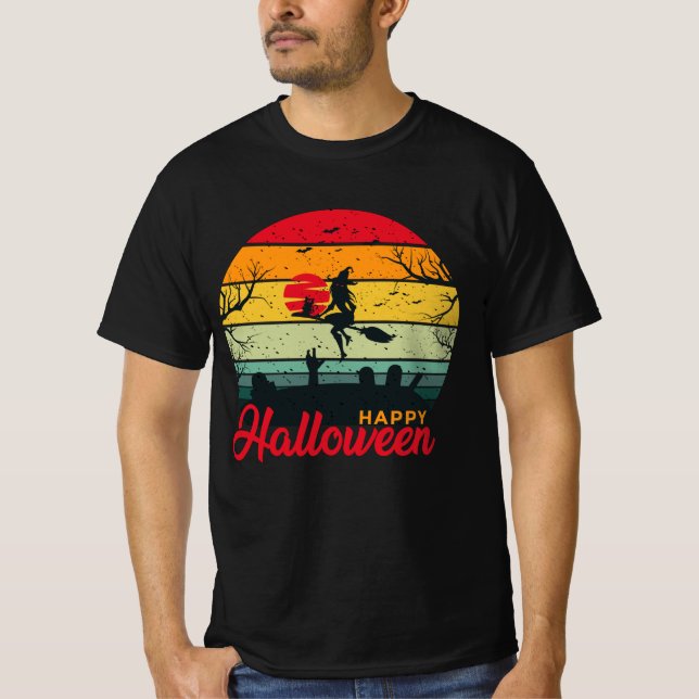 T-shirt Sorcière Volant Broom avec chat Halloween heureux (Devant)