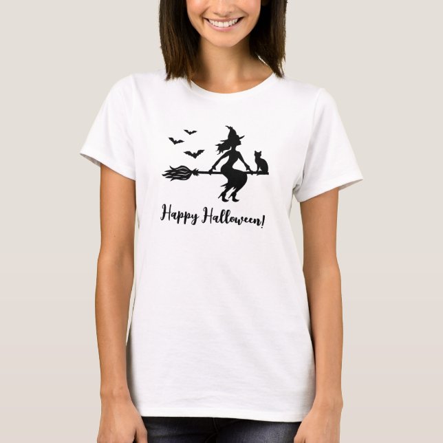 T-shirt Sorcière Volant Sur Un Balai Joyeux Texte D'Hallow (Devant)