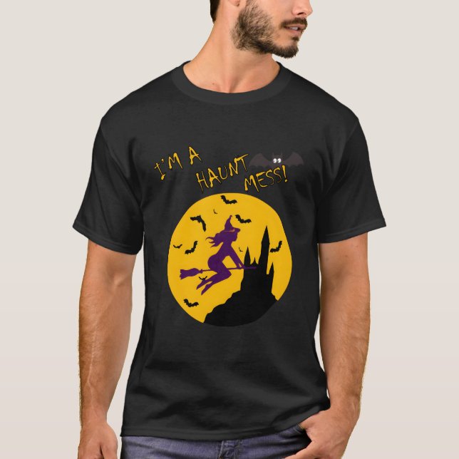 T-shirt Sorcière Volant Sur Un Broom Drôle Maisons Hantées (Devant)