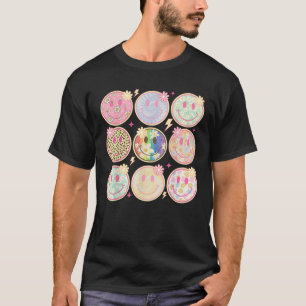 T-shirt Sourire Rétro Groovy Fleur Visage Heureux Damier
