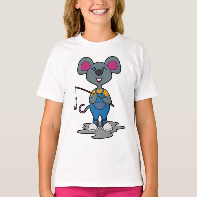 T-shirt Souris comme Fisher avec une baguette de pêche (Devant)