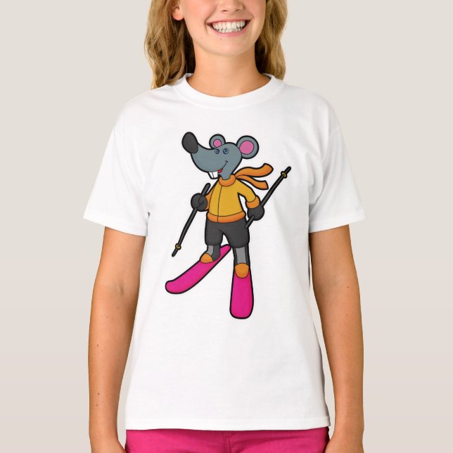 T-shirt Souris comme skieur avec ski (Devant)