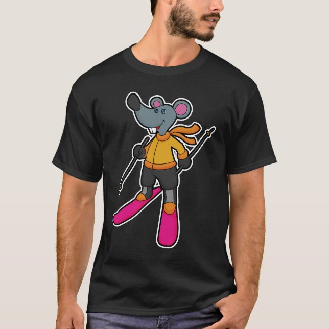 T-shirt Souris comme skieur avec ski (Devant)