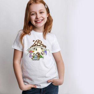 T-Shirt Souris Fantastique Maison Champignon Floral Bleu