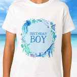 T-shirt Sous la mer Birthday Boy Watercolor Whale<br><div class="desc">Un design pour une fête sous la mer pour votre garçon d'anniversaire avec des créatures marines peintes à la main comme, des baleines, des chevaux de mer, des rayons de piqûre, des méduses, des crabes, des tortues de mer et plus ! Customisez-le pour votre fête ! Voir l'ensemble de la...</div>