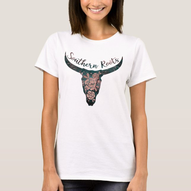 T-shirt Southern Roots Country Longhorn Rose & Green (Devant)
