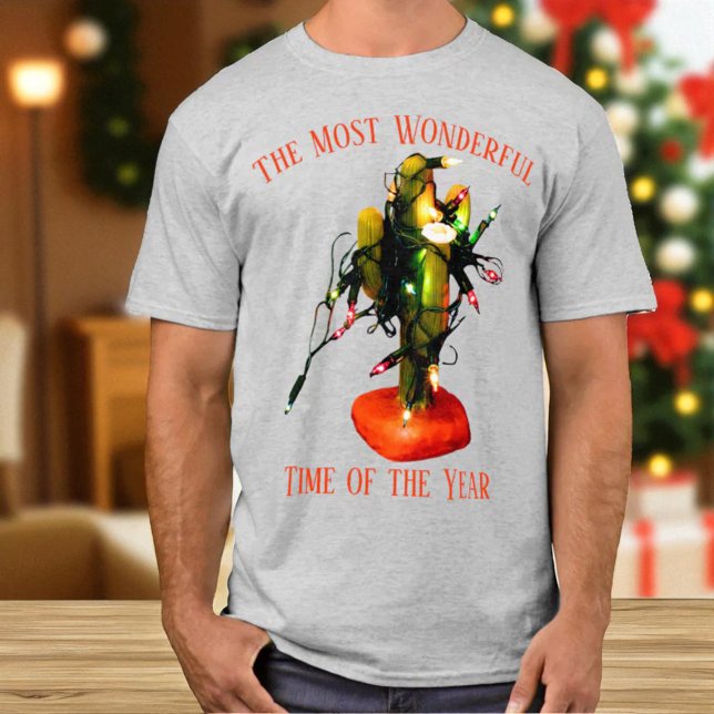 T-shirt Southwestern Style Cactus Candle Christmas Lights (Christmas cactus with lights tee shirt front)