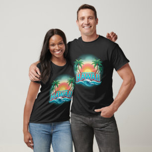 T-shirt Souvenir de vacances rétro à Hawaï Palmier Coucher