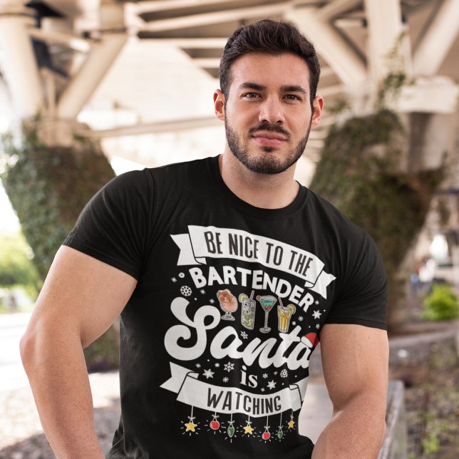T-shirt Soyez gentil avec le barman Père Noël regarde amus (Créateur téléchargé)