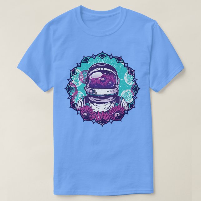 T-shirt Space Astronaut with Planets, Moons and Flowers  (Design devant)