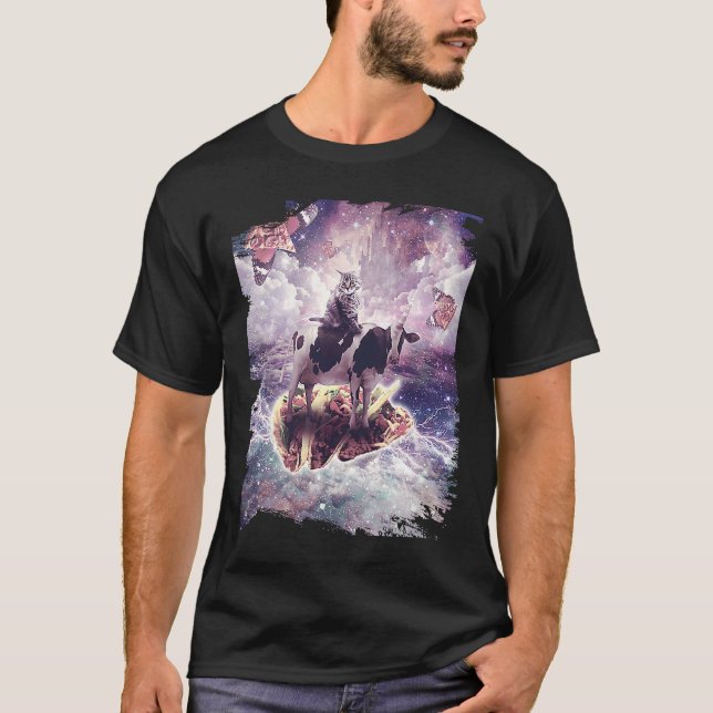 T-shirt Space Cat Riding Cow Unicorn  Pizza & Taco (Devant)