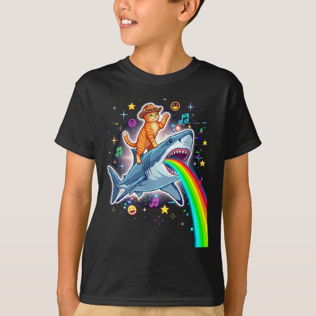 T-shirt Space Cowboy Cat Riding Shark Rainbow Xel Art  (Devant)