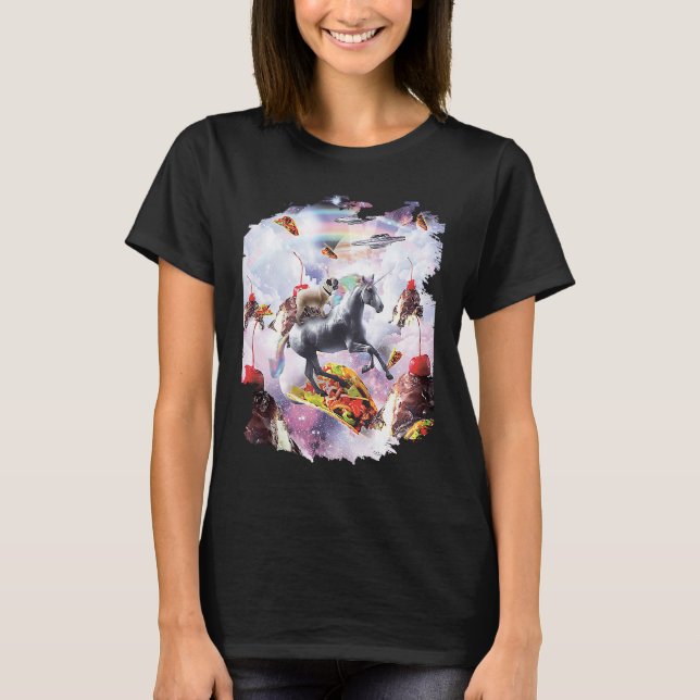 T-shirt Space Pug Riding Unicorn  Ice Cream & Taco (Devant)