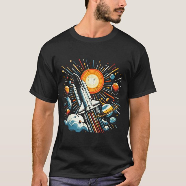 T-shirt Space Shuttle Sun Planets Rocket Galaxy Boys Kids  (Devant)