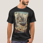 T-shirt Spaceport Sci-Fi Rétro-Futuriste<br><div class="desc">Faites un tour dans le futur avec notre T-shirt rétro-futuriste et animé Spaceport ! Ce design captivant présente une scène d'époque spatiale dynamique, avec un vaisseau spatial bien ancré au milieu d'une ruche d'activité interstellaire. Androïdes, divers vaisseaux spatiaux et un paysage urbain futuriste à couper le souffle créent un monde...</div>