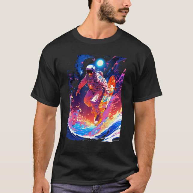 T-shirt Spacer surfing the waves of an alien planet hangin (Devant)