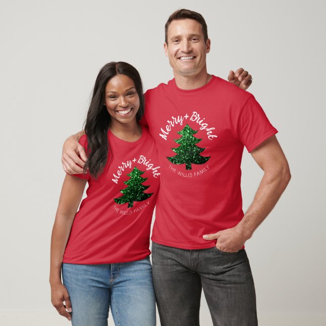 T-shirt Sparkly Merry bright Christmas tree Custom name  (Unisexe)