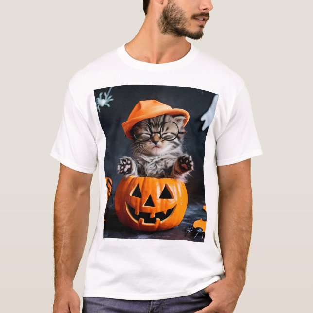 T-shirt Spectacles Kitten en Citrouille Halloween Tee (Devant)