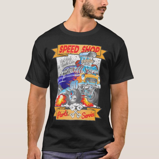 T-shirt Speed Shop Hotrod Muscle Cartoon de voiture (Devant)