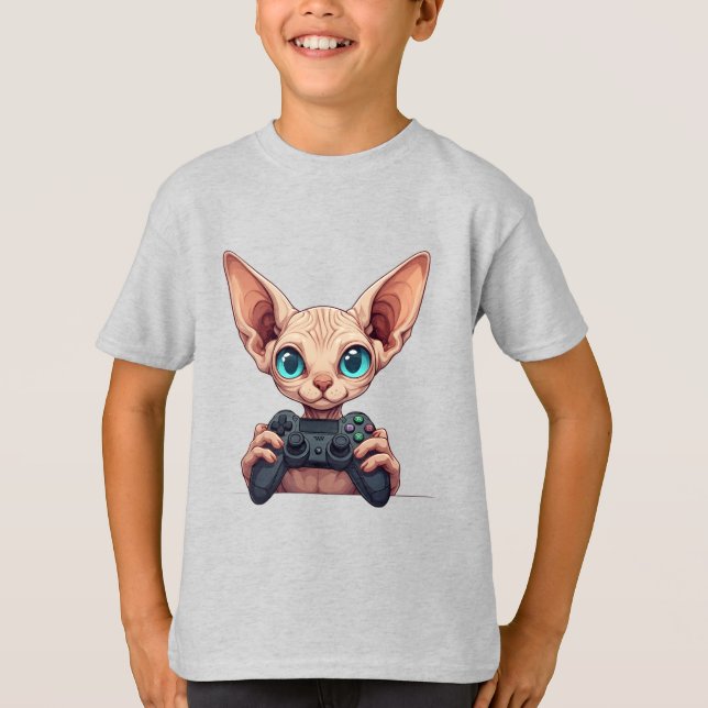 T-shirt Sphynx Cat Holding Game Controller (Devant)