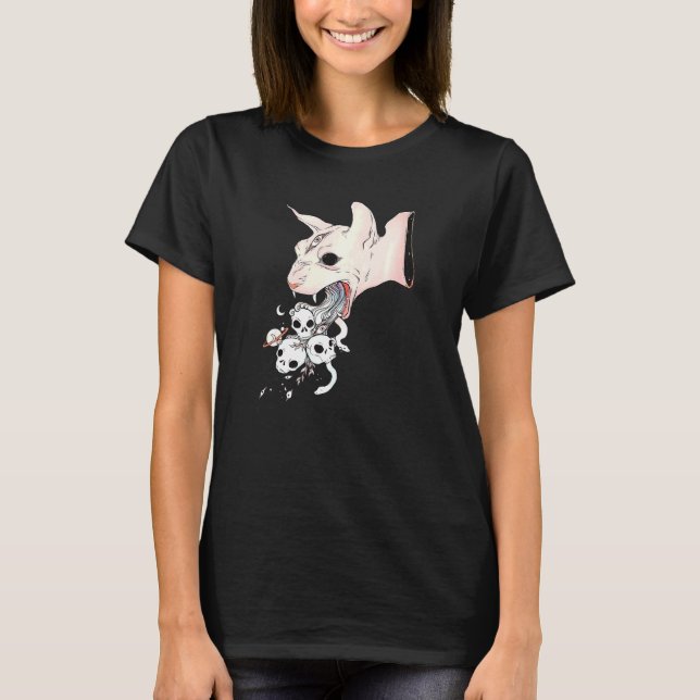 T-shirt Sphynx Chat Et Crânes Goth Sorcière Art Esthétique (Devant)