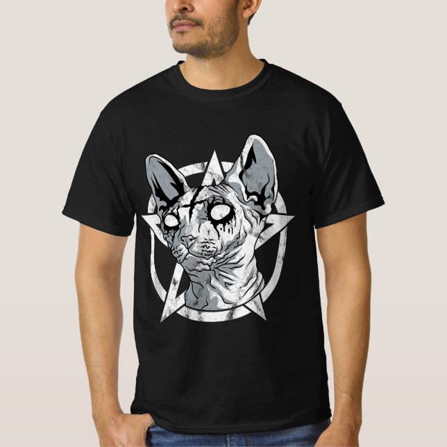 T-shirt Sphynx en métal noir Chat Goth et Sphinx en métal  (Devant)