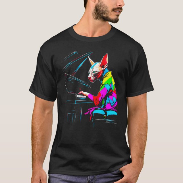 T-shirt Sphynx Hairless Cat Pianist (Devant)