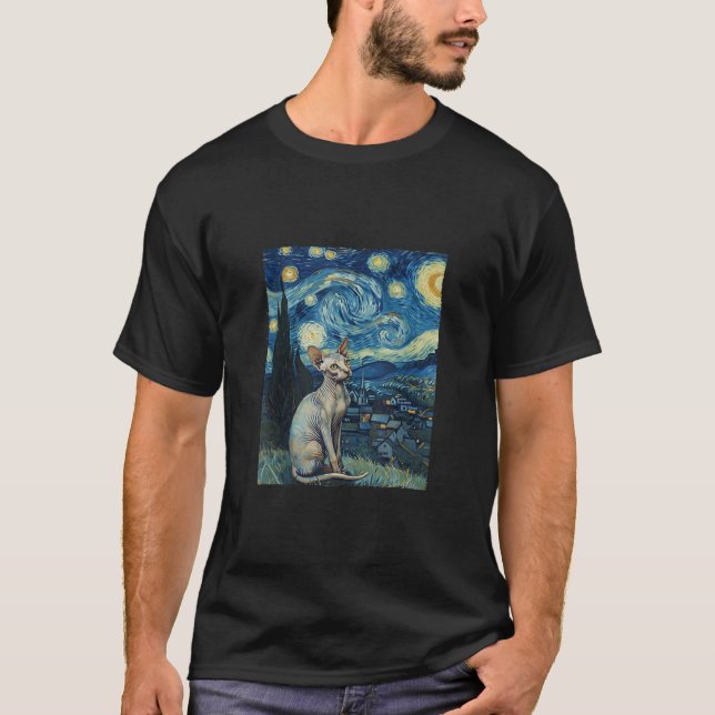 T-shirt Sphynx Peinture de chats Art Starry Nuit Van Gogh  (Devant)