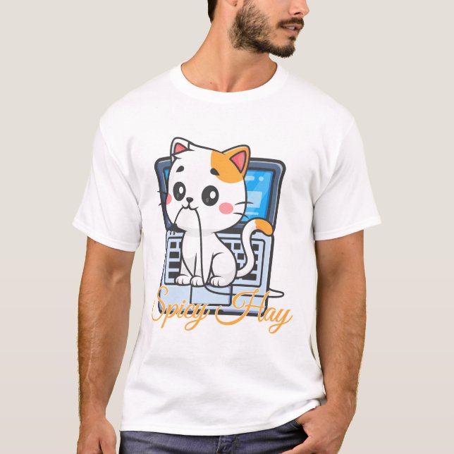 T-shirt Spicy Hay Funny Cat Biting Cord Kawaii Art (Devant)