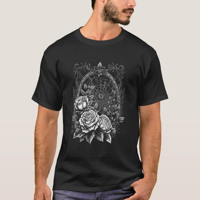 T-shirt Spider Web Avec Cadre Et Rose Halloween Goth Nat (Devant)