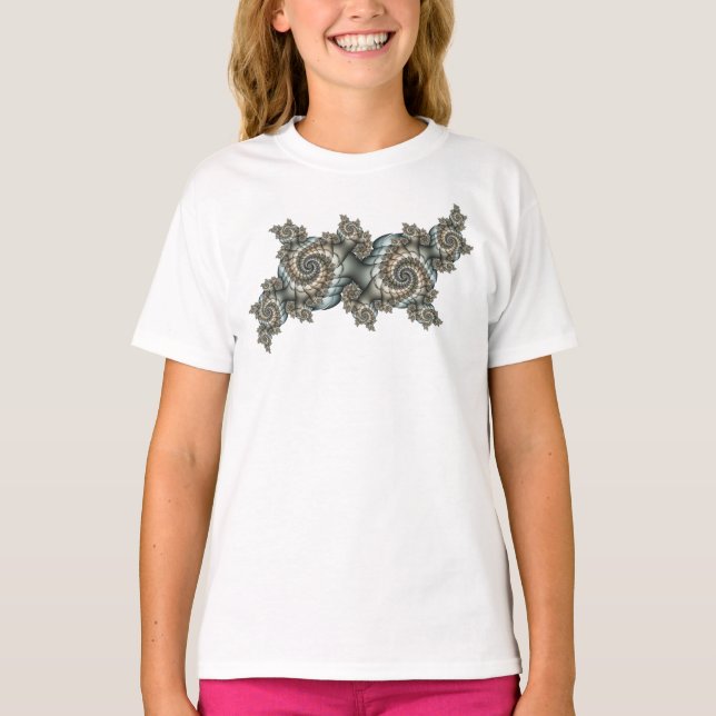 T-shirt Spirales d'art fractal beige abstrait bleu clair (Devant)