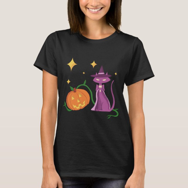 T-shirt Spooky and Cute Halloween Witch Cat and Pumkin (Devant)