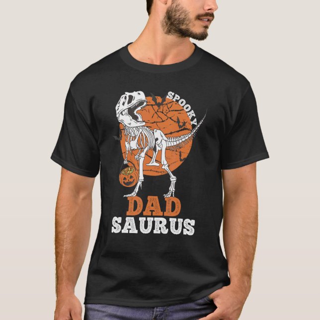 T-shirt Spooky Dad Saurus Dinosaur Skeleton rex Pumpkin (Devant)