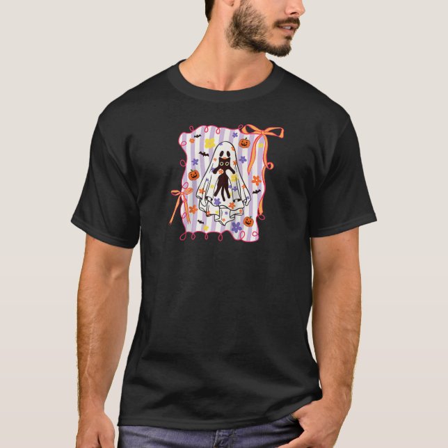 T-shirt Spooky Ghost Holding Cat Coquette Floral Pumpkin H (Devant)