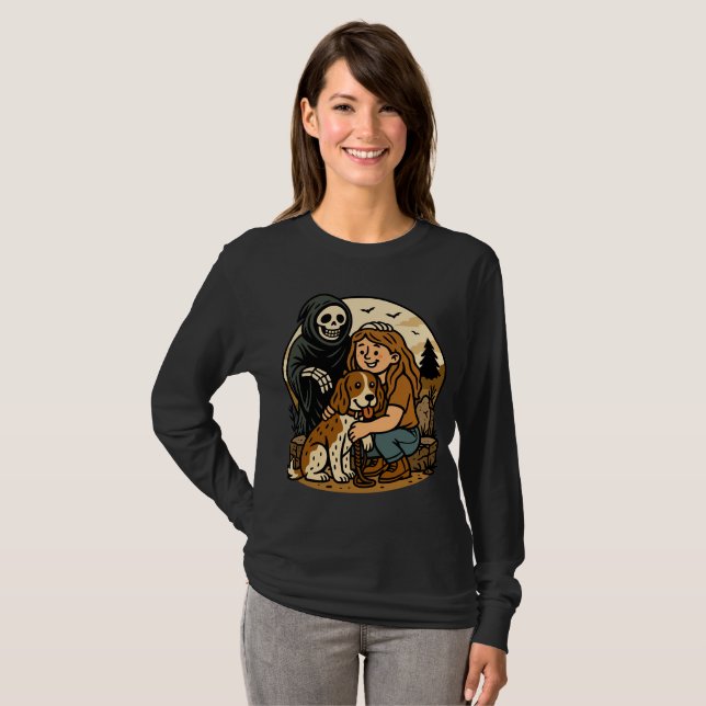 T-shirt Spooky Grim Reaper with Girl and Dog Skeleton Art  (Devant entier)