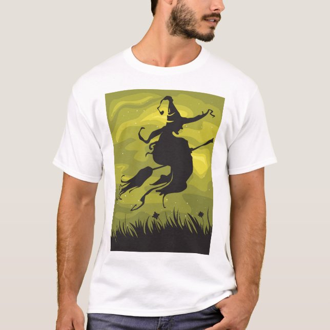 T-shirt Spooky Halloween Witch Flying on Broomstick (Devant)