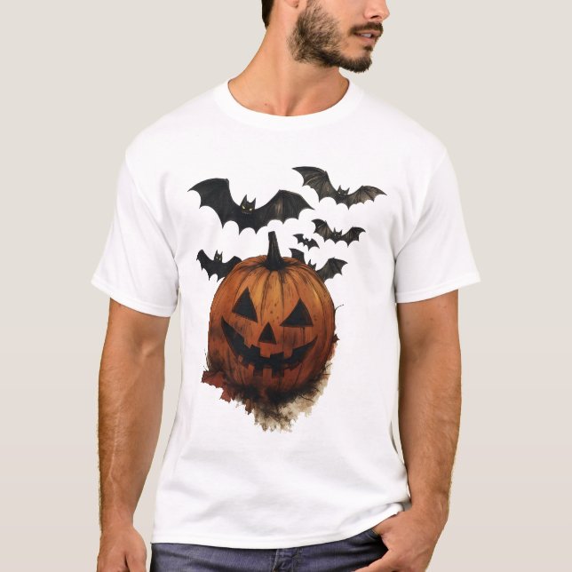 T-shirt Spooky Pumpkin & Bats Halloween Art (Devant)