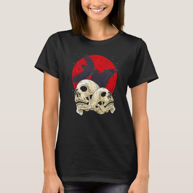 T-shirt Spooky Skull Creepy Skeleton Head Crow Gothic Bird (Devant)