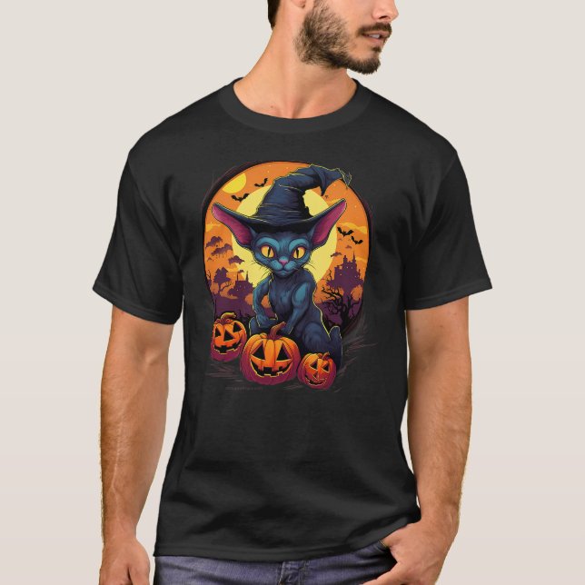 T-shirt Spooky Sphynx Cat Witch Halloween (Devant)