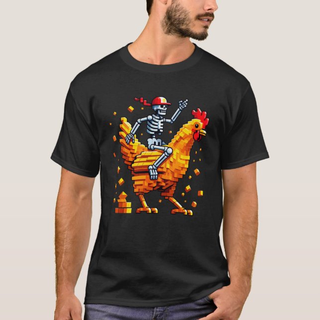 T-shirt Squelette à cheval sur un poulet de style pixel ar (Devant)