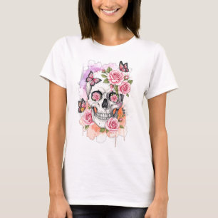 T-shirt Squelette aux roses roses roses et papillons