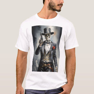 T-shirt Squelette avec tuxedo noir tenant un revolver