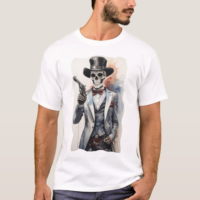 T-shirt Squelette avec tuxedo tenant un revolver (Devant)