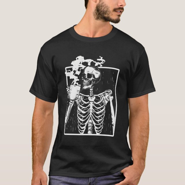 T-shirt Squelette Boire Café Front Blanc (Devant)